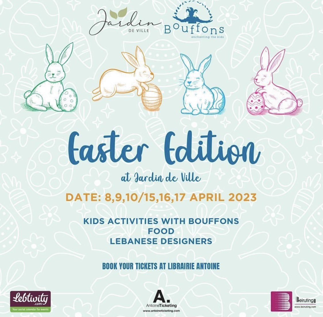 Lebtivity's tweet image. Get ready to celebrate Easter in style with Les Bouffons at Jardin De Ville Hazmieh! From April 8th-10th and 15th-17th, enjoy a day filled with kids' activities, Lebanese designers, and delicious food. Full details on lebtivity.com/event/easter-e…

#EasterEdition