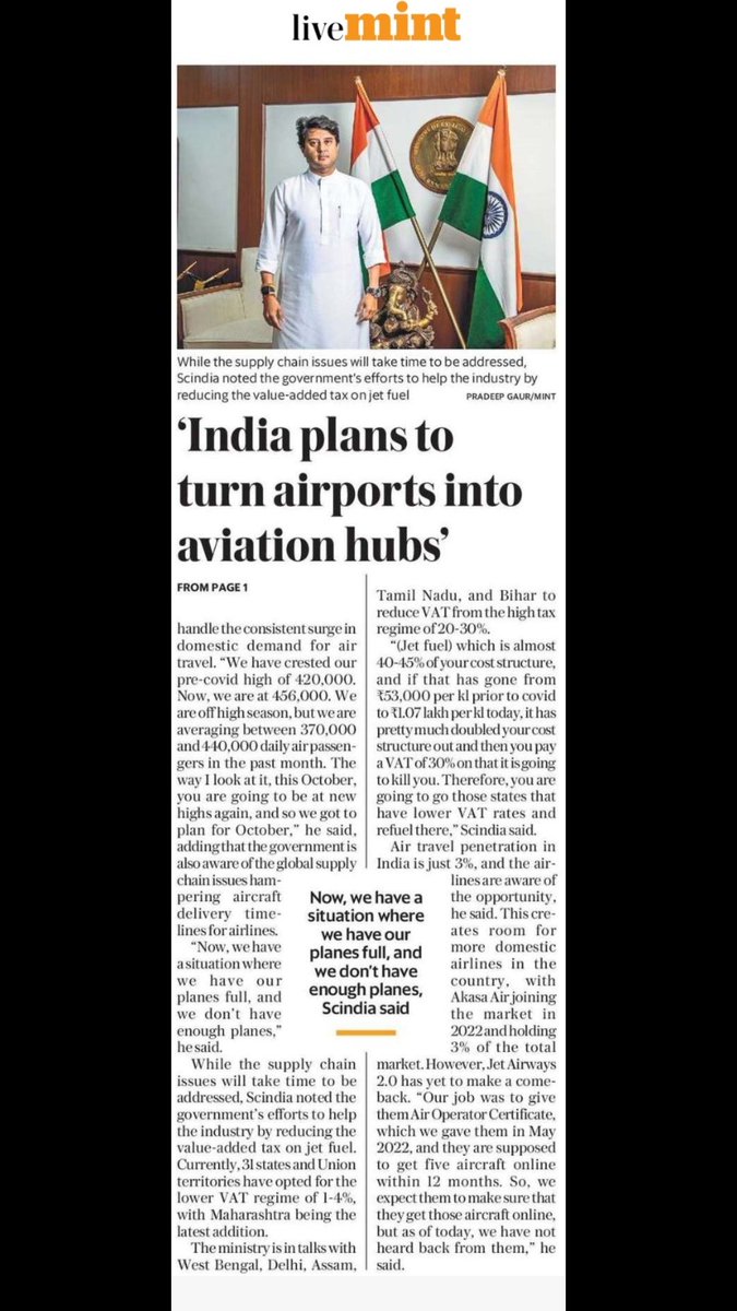 🚀Interview with India Civil Aviation Minister <a href="/JM_Scindia/">Jyotiraditya M. Scindia</a> -

✓India sets in motion a plan to transform Indian airports into aviation hubs, to begin with Delhi airport 

✓Delhi airport, airlines to appoint a consultant to look at international comparables

<a href="/livemint/">Mint</a> <a href="/MoCA_GoI/">MoCA_GoI</a>
