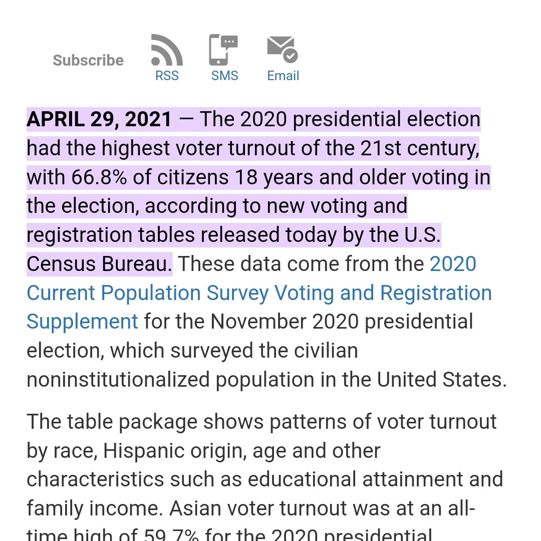 @Tee2019K @sexy2469 Except your facts are wrong. Like the fact that the Census turnout rate of 66.8% is not for registered voters. It was 66.8% of citizen aged 18 or older. Which there were 231 million.
census.gov/newsroom/press….