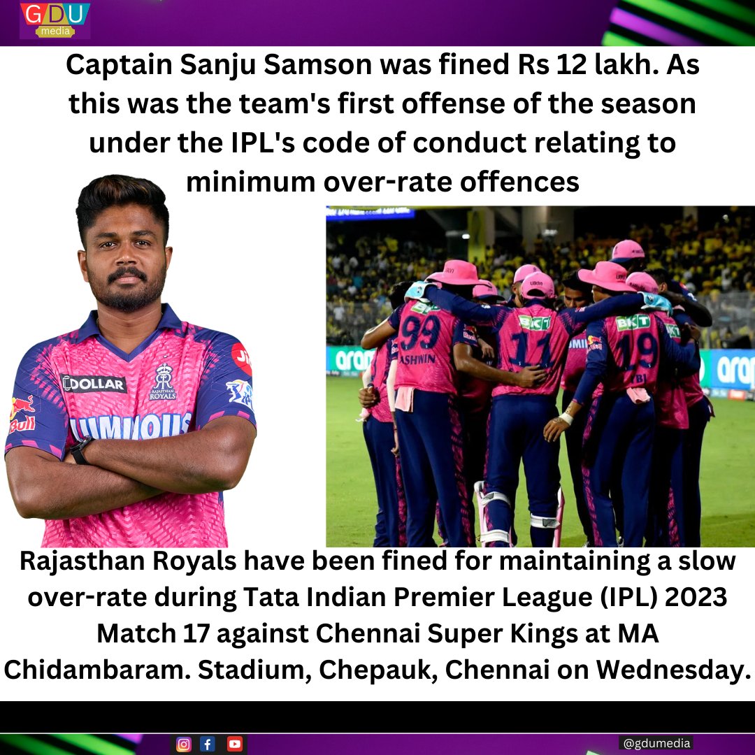 GduMedia19941's tweet photo. Code of Conduct Breach – Match 17 - CSK vs RR
#CSKvsRR #IPL2023 #SanjuSamson #breach #MSD #RajasthanRoyals https://t.co/2KEpXD9Epb