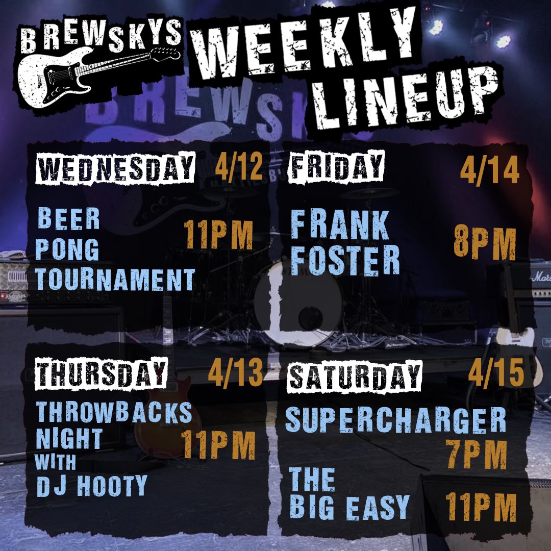 BrewskysHatti's tweet photo. Great week at Brews!!
—Wednesday-Wing Wednesday &amp; Pitcher Night!
—Thursday @11- Throwbacks Night w/ DJ Hooty
—Friday @8- FRANK FOSTER 
—Saturday @7-SuperCharger
—Saturday @11- The Big Easy https://t.co/5OUTubEyHx