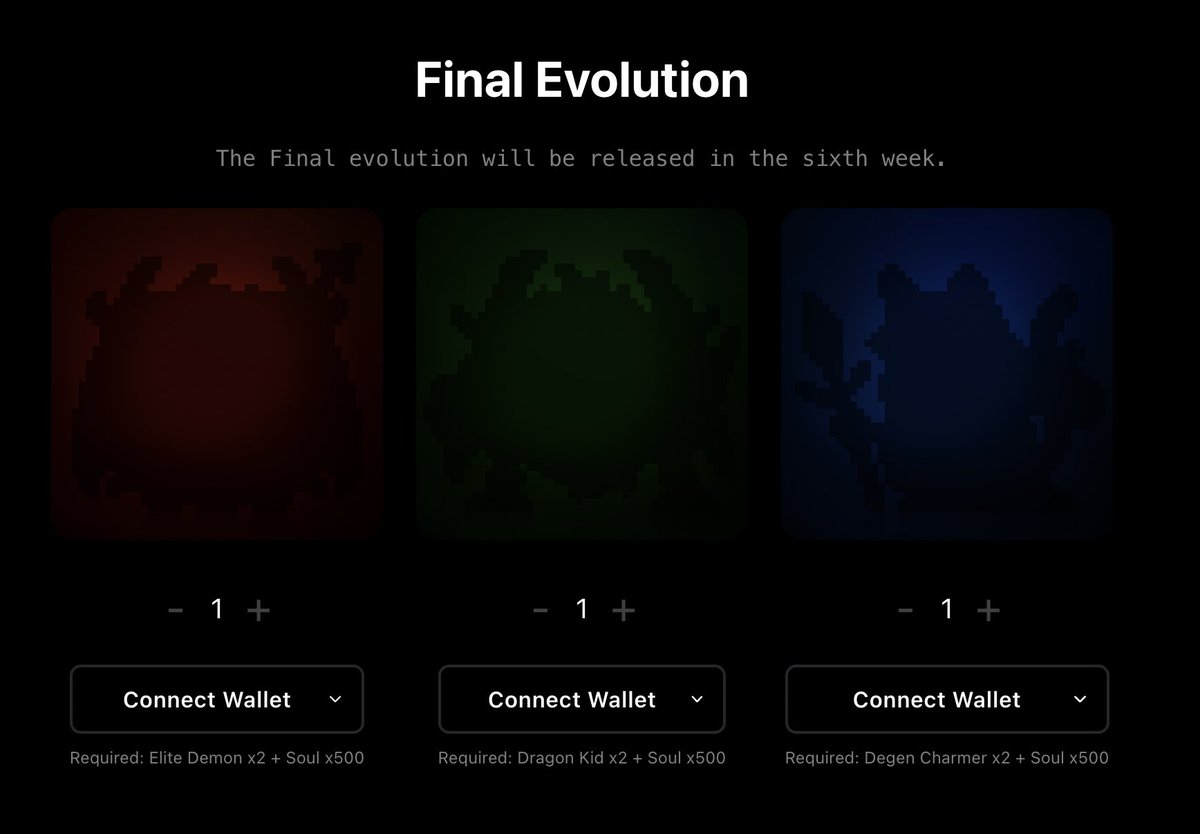 📢 Announcement

How are you all doing! 😈

Finally, tomorrow, the final evolution of monsters will be released! 💪

The final evolution requires 2 monsters that have already evolved one level and 500 Souls.

Are you ready?🔥

#LucianSouls