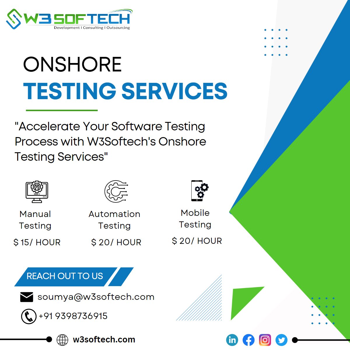 W3softech's onshore testing services provide a range of benefits, including increased efficiency, better communication, and reduced turnaround time. Contact us for more info: Email: soumya@w3softech.com Phone: +91 9398736915 #softwaretesting #onshore #affordable