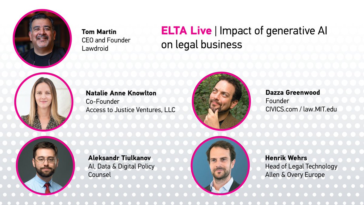 ELTA (@eulegaltech) on Twitter photo Join ELTA on April 25 for a fantastic panel about the impact of generative AI on the legal business with <a href="/lawdroid/">Tom Martin</a>, <a href="/dazzagreenwood/">DazzaGreenwood</a>, <a href="/natalalleycat/">Natalie Anne Knowlton</a>, <a href="/wehrs/">Henrik Wehrs</a> and <a href="/shadbush/">Aleksandr Tiulkanov</a>. Register for free at us02web.zoom.us/meeting/regist…. Join ELTA on April 25 for a fantastic panel about the impact of generative AI on the legal business with <a href="/lawdroid/">Tom Martin</a>, <a href="/dazzagreenwood/">DazzaGreenwood</a>, <a href="/natalalleycat/">Natalie Anne Knowlton</a>, <a href="/wehrs/">Henrik Wehrs</a> and <a href="/shadbush/">Aleksandr Tiulkanov</a>. Register for free at us02web.zoom.us/meeting/regist….