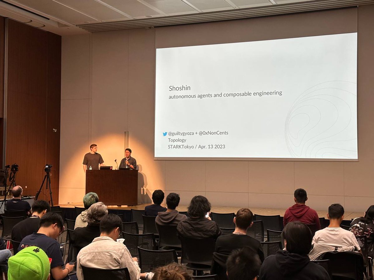 The third talk at #STARKTokyo featuring @guiltygyoza and @0xNonCents from @topology_gg, sharing on Shoshin: Autonomous agents and Composable engineering.