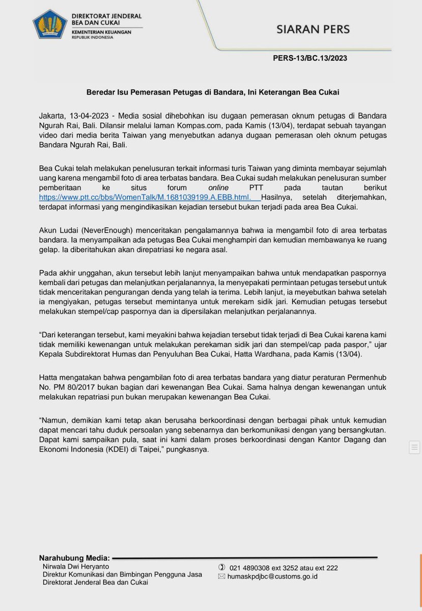 prastow's tweet photo. Berikut ini Siaran Pers @beacukaiRI merespon isu pemerasan thd turis Taiwan di Bandara Ngurah Rai. Mencermati kronologi yang ada, diyakini kejadian tsb tidak terjadi di Bea Cukai. Terima kasih. Kami terus berupaya untuk makin baik 🙏😇🇮🇩 https://t.co/qxkhf9P28O