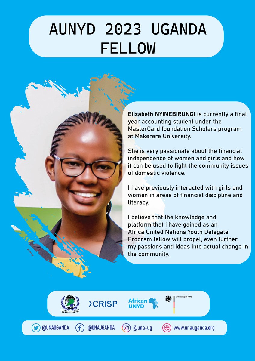 UNAUGANDA's tweet photo. #MeetTheUgandaAUNYDFellows of @UNAUGANDA 2023

Meet @Elizabeth final year  student @Makerere passionate about the financial independence of women &amp; girls &amp; 

Businge  co-founder of Good Heart maternity care. Passionate about  #SDG4 &amp; #SDG3 respectively. 

@AUNYD_2023
@UNinUganda https://t.co/0ZDbGtOllA