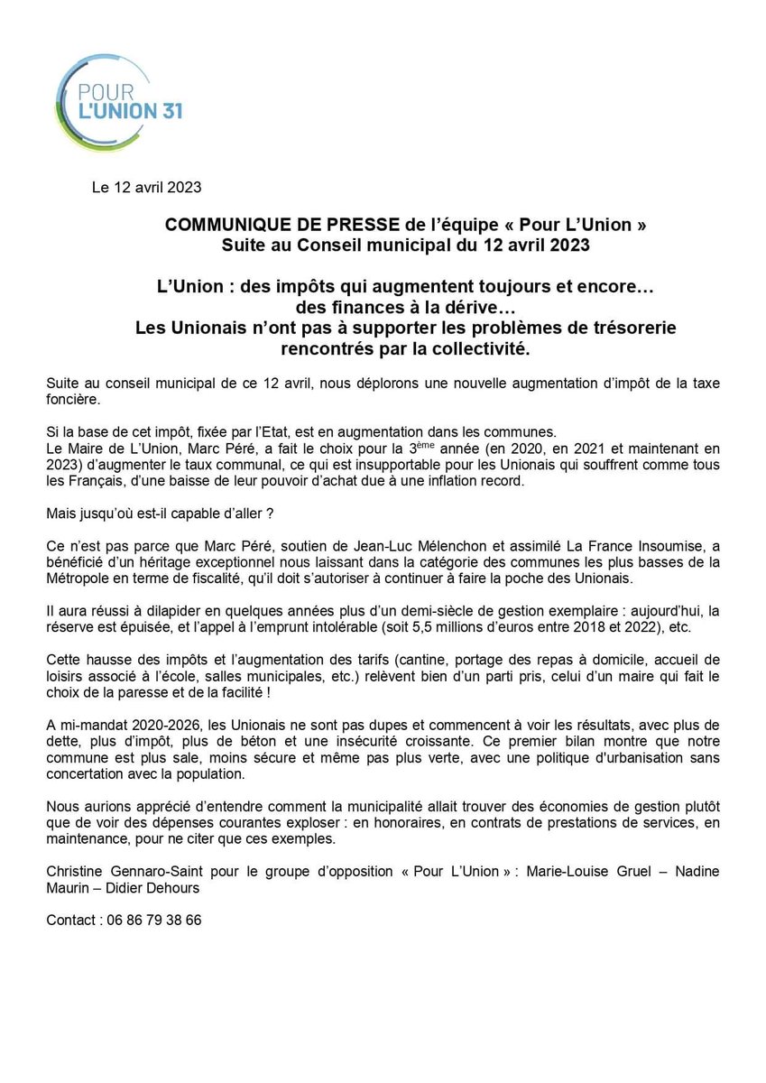 CgennaroSaint's tweet photo. En Conseil municipal ce 12 avril : des impôts qui augmentent toujours et encore, des tarifs municipaux en hausse.
A mi-mandat 2020-2026, les Unionais ne sont pas dupes et commencent à voir les résultats : plus de dette, plus d’impôt, plus de béton et une insécurité croissante ‼️ https://t.co/CC3HWxdObR