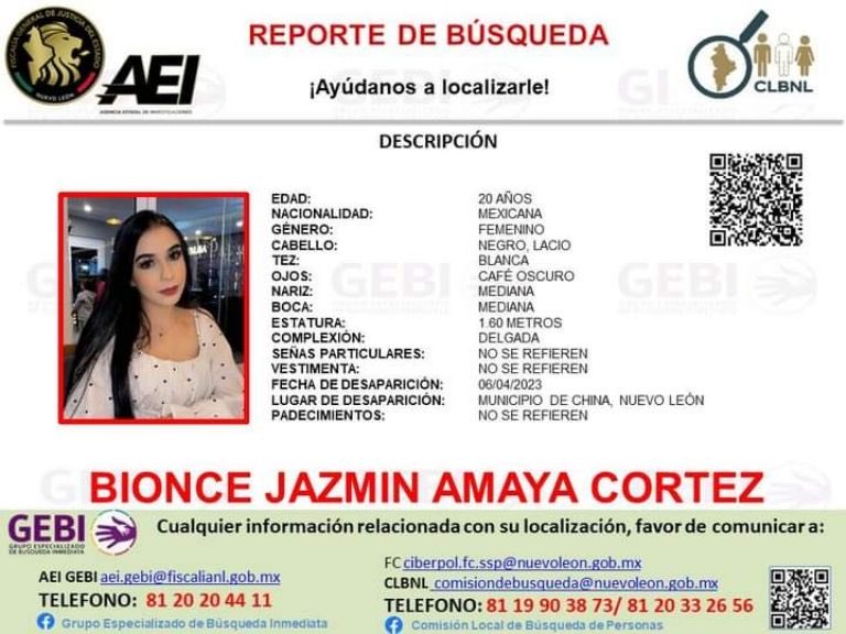 Bionce Jazmín Amaya Cortez de 20 años, desapareció en China, Nuevo León. Al parecer sus amistades la dejaron “en una calle obscura” (según sus familiares) cerca o al rededor de la carretera China-Montemorelos. Ella es residente de Mission, Texas.