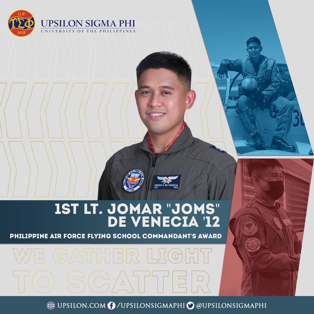 The #UpsilonSigmaPhi congratulates 𝟭𝘀𝘁 𝗟𝘁. 𝗝𝗼𝗺𝘀 𝗗𝗲 𝗩𝗲𝗻𝗲𝗰𝗶𝗮 '𝟭𝟮 for being conferred the @PhilAirForce (PAF) Flying School Commandant's Medal Award.

#PhilippineAirForce
#UpsilonLeads
#UpsilonParaSaBayan
#UPManila
#CelebratingExcellence
#ImperativeOfService