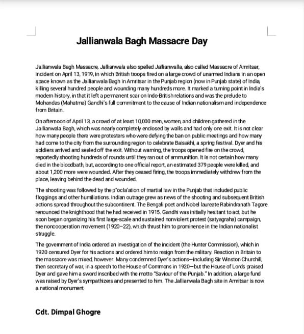 Articles written by Cadets of GS College in remembrance of 104th years to 'Jallianwala Bagh Massacre'. #JallianwalaBaghMassacre2023 @HQ_DG_NCC @ncc_dte @mumbai_group @DefPROMumbai