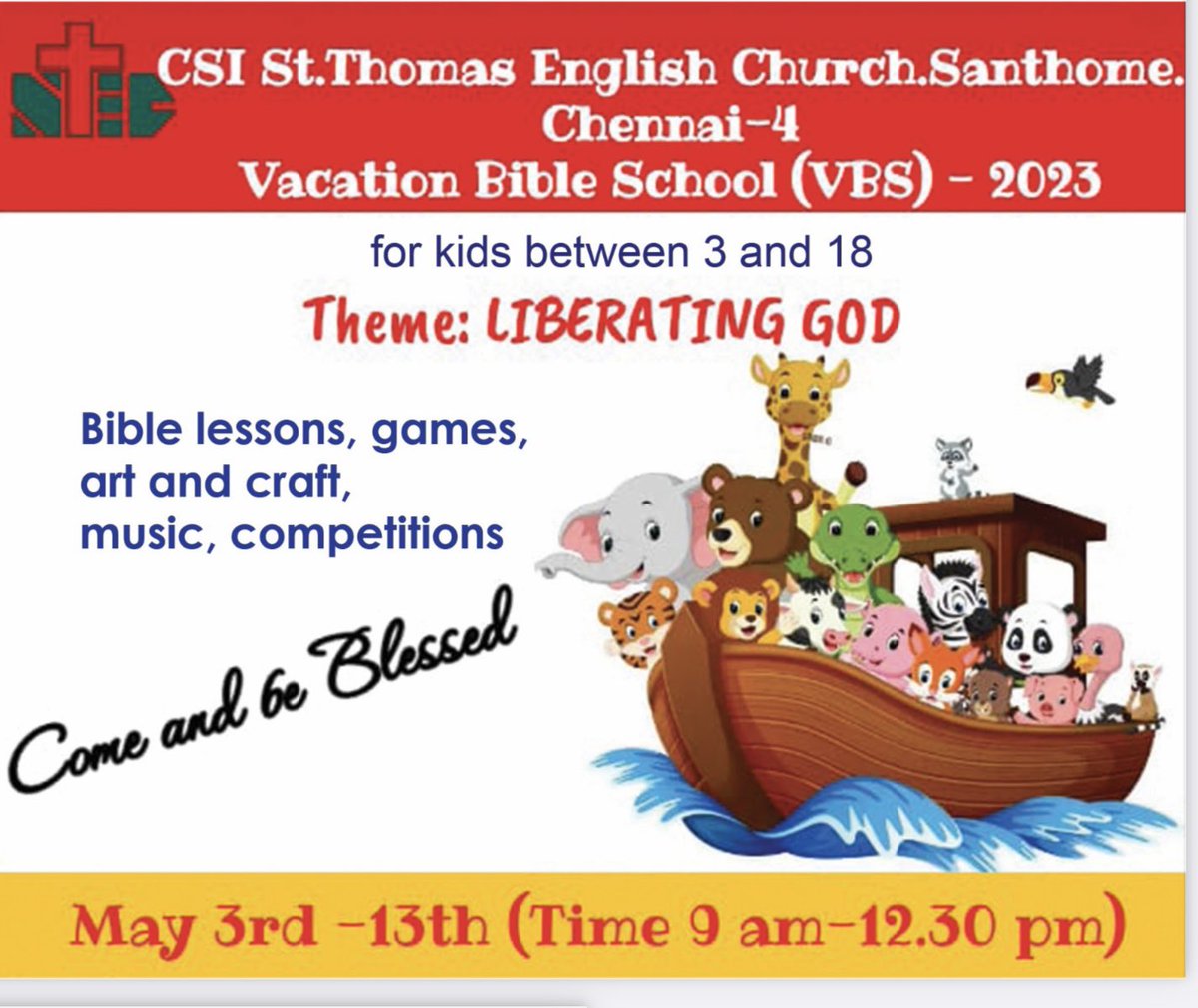 CSI_STEC's tweet photo. 👧🏻👦🏻Do send your children to our Vacation Bible School to experience God’s word come alive in the form of songs, stories, activities and crafts.
Pass on the invitation to your neighbours &amp; friends too! 

#VacationBibleSchool #VBS #Summer #Chennai #Santhome #Mylapore #summercamp https://t.co/M1x4En4j4s