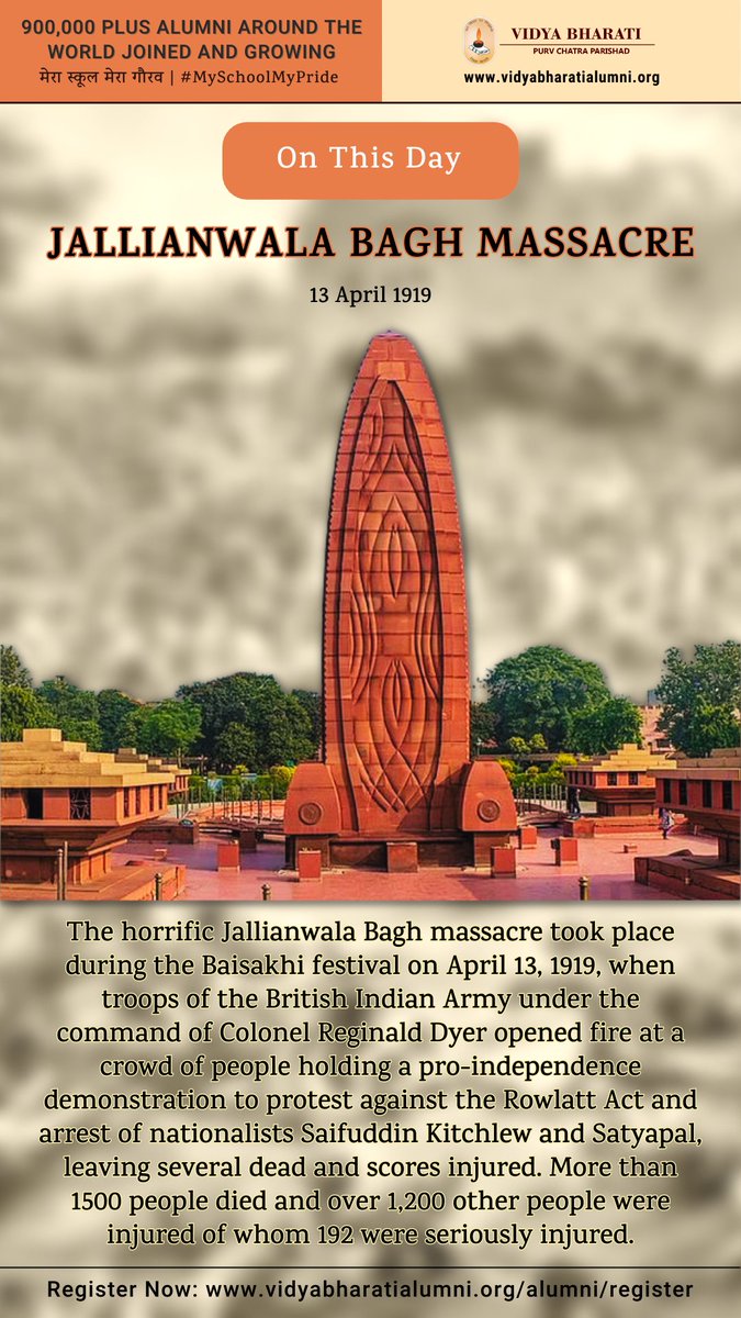 On This Day: 13 April 1919 - Jallianwala Bagh massacre 

To register as alumni visit: vidyabharatialumni.org/alumni/register

#alumni #Bharat #India #MySchoolMyPride #vbpurvchatra