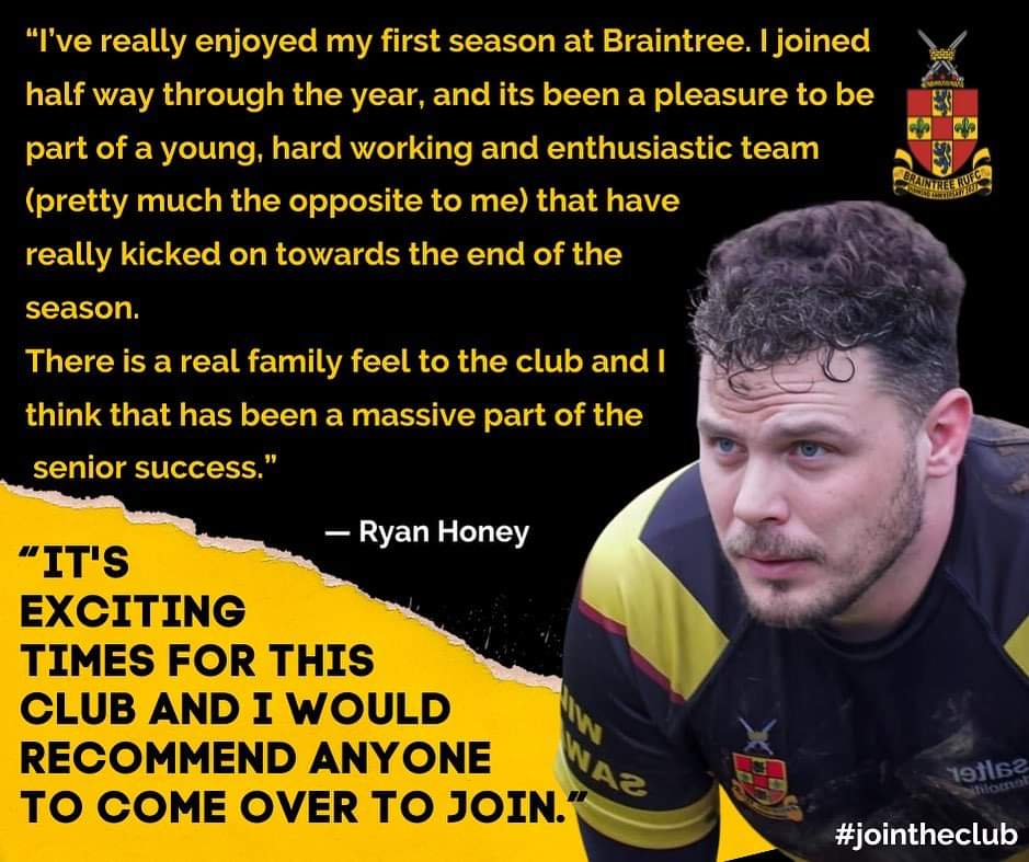BraintreeRUFC's tweet photo. Ryan joined mid way through the season and he’s sticking around. Here’s why. We’d love for you to get involved and feel as welcome as Ryan has - so get in contact if you fancy giving it a try! #jointheclub #blackandambers #mightyTree ⚫️🟡🏉 https://t.co/d1RYK4jprF