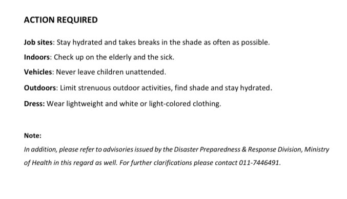 SLMetDept's tweet photo. #Heat Index Advisory 

HI, the temp felt on the human body is expected to increase up to ‘caution’ level in WP, SP, EP, NCP &amp; Kurunegala, Kilinochchi, Vavuniya &amp; Mullativu districts. 

Warning level 👉🏼
Action required 👉🏼👉🏼

#WeatherUpdate #LKA #SriLanka https://t.co/XBjIDRZo8I
