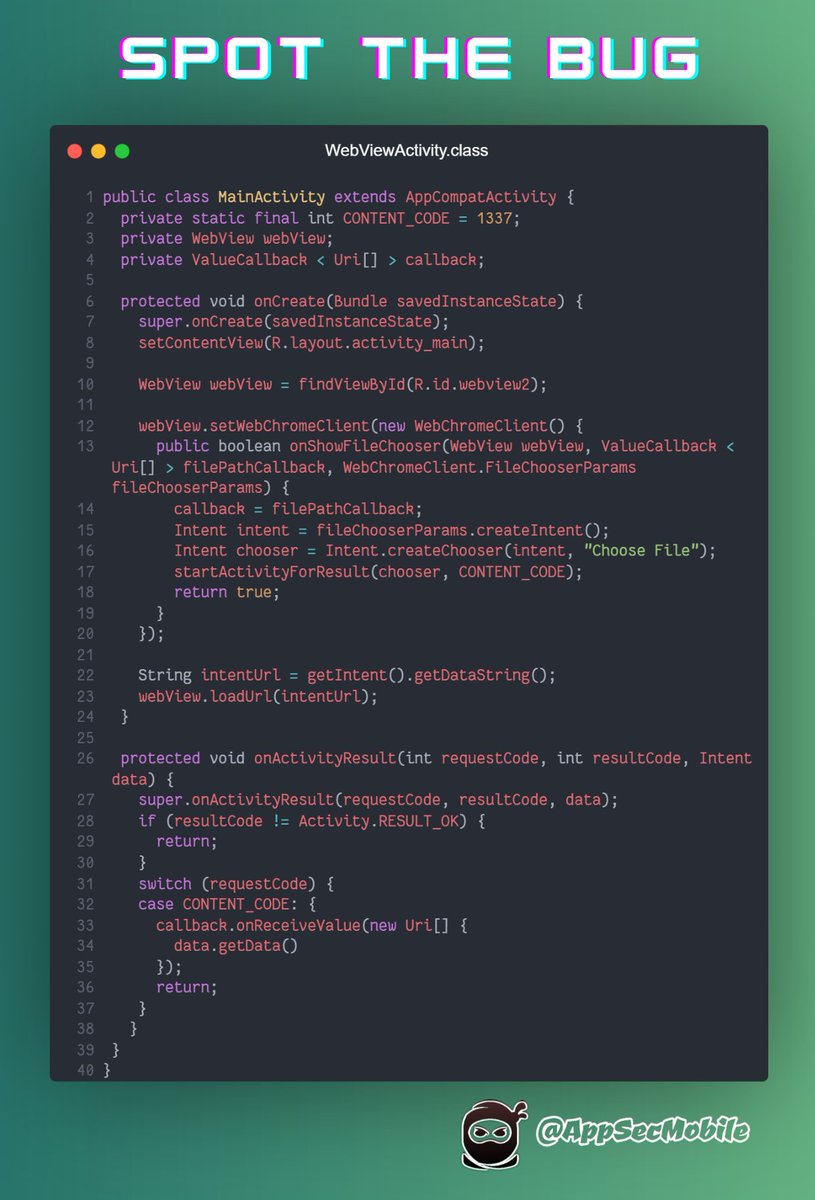 AppSecMobile's tweet photo. #SpotTheBug 🐞
Our latest challenge is live. 🙌

See if you can spot the issue with the above code snippet!! Don't be shy, let us know if you spot something, we don't judge.

Or do we??? 😼

Only one way to find out!!!

 #infosec #appsecmobile #mobilesecurity #bugbountytips https://t.co/Qc1wZzQMwy
