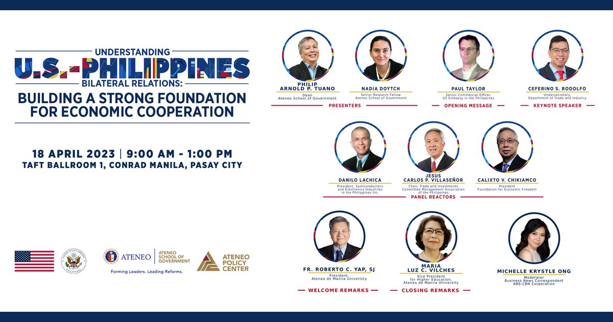 AteneoSOG's tweet photo. MEET OUR EVENT SPEAKERS

The Ateneo School of Government, through its public policy think tank Ateneo Policy Center, will be launching the U.S.-Philippines Economic Impact Study on Tuesday, April 18, at 9:00 a.m, at the Taft Ballroom 1 of Conrad Manila in Pasay City. https://t.co/RUCm7jAf1x