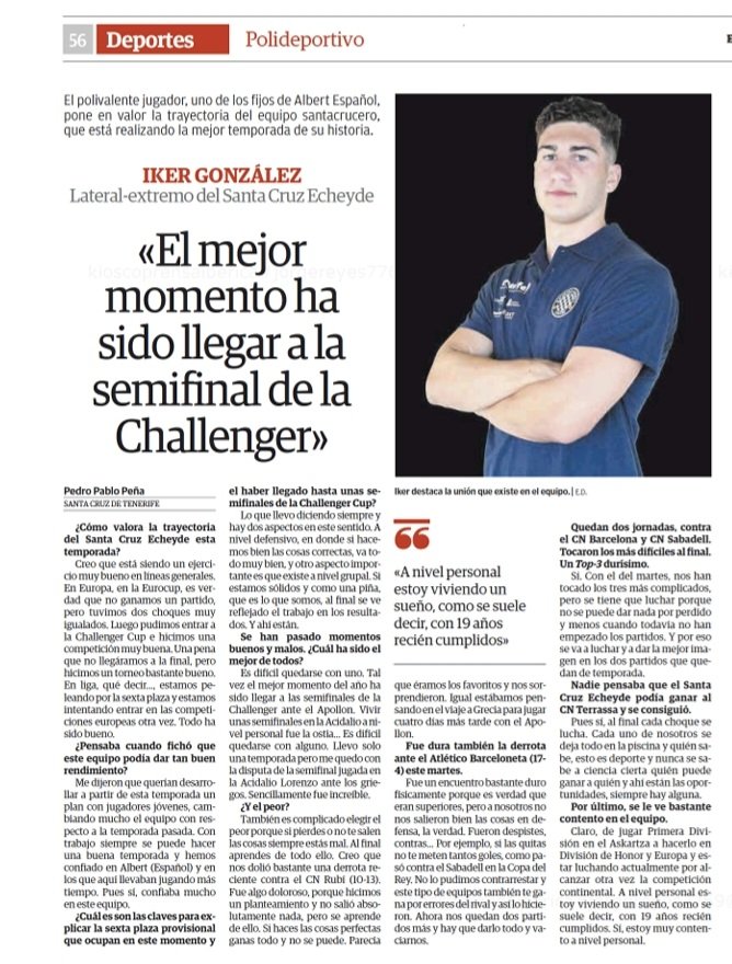 🗞 Entrevista en <a href="/eldia/">El Día</a> 📰 con nuestro chicarrón favorito, <a href="/ikergleez/">Iker G</a> 🤽‍♂️: "El mejor momento ha sido llegar a la semifinal de la #ChallengerCup 🏆"

#VamosEcheyde #ElPlan2023 <a href="/eldiatenerife/">El Día Tenerife</a> <a href="/DXTenerife/">Deportes Tenerife</a> <a href="/Deportecanario/">Deporte canario</a> <a href="/deportesctfe/">Santa Cruz Deportes</a>