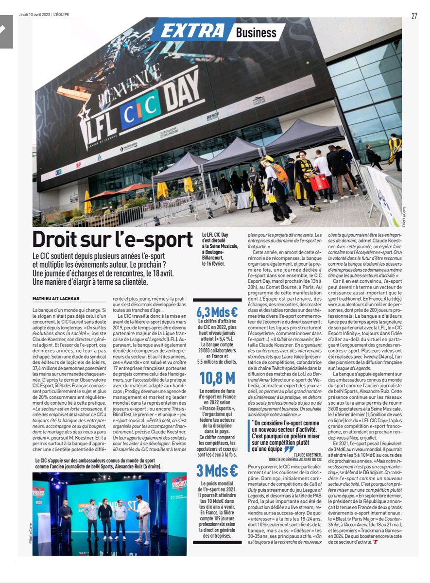 Excellent article aujourd'hui dans L'Equipe. Le <a href="/cic/">CIC</a>, la banque d'un monde qui change, soutient depuis plusieurs année l'e-sport et multiplie les événements. Avec succès !