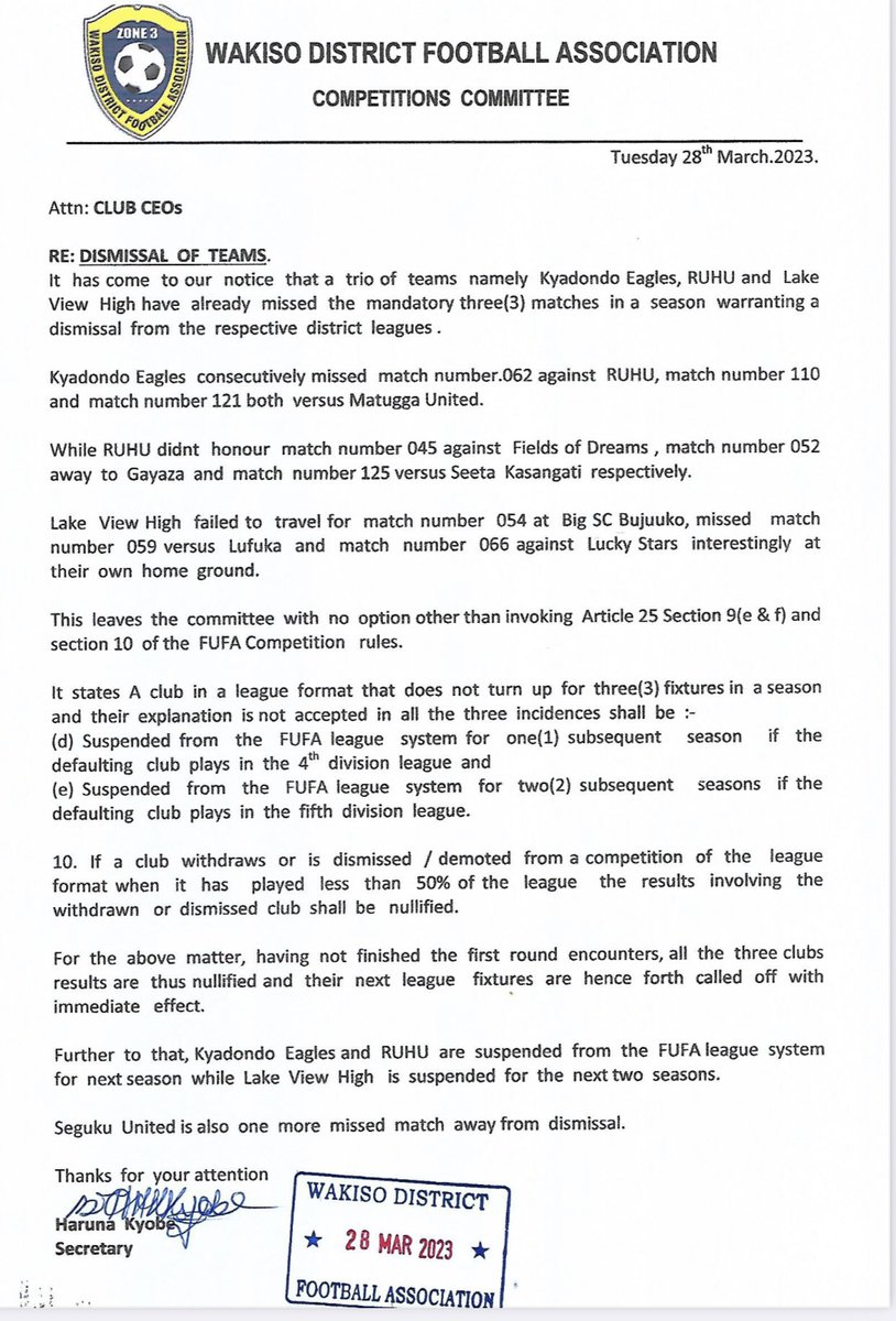 RUHU FC was dismissed from Wakiso 4th division football league