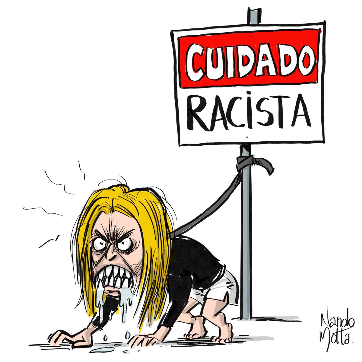 oluaandrade's tweet photo. O fato de muita gente não ter entendido se essa charge se trata de alguém do bbb ou com a mulher que usou a coleira para bater em um homem negro no rio, fala muito sobre como alguns fatores dessas questões se assemelham. https://t.co/dquyi6Wjed