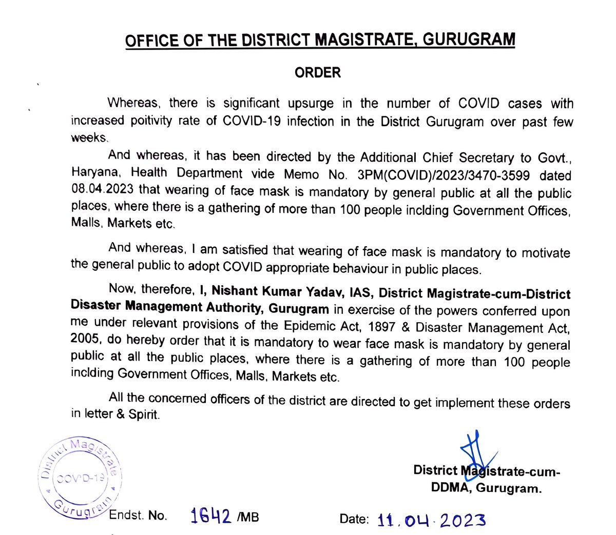 DC_Gurugram's tweet photo. The District Administration Gurugram would like to inform all residents that wearing face masks in public places, malls, and other crowded areas in Gurugram is mandatory. https://t.co/1l1pH4aVyo