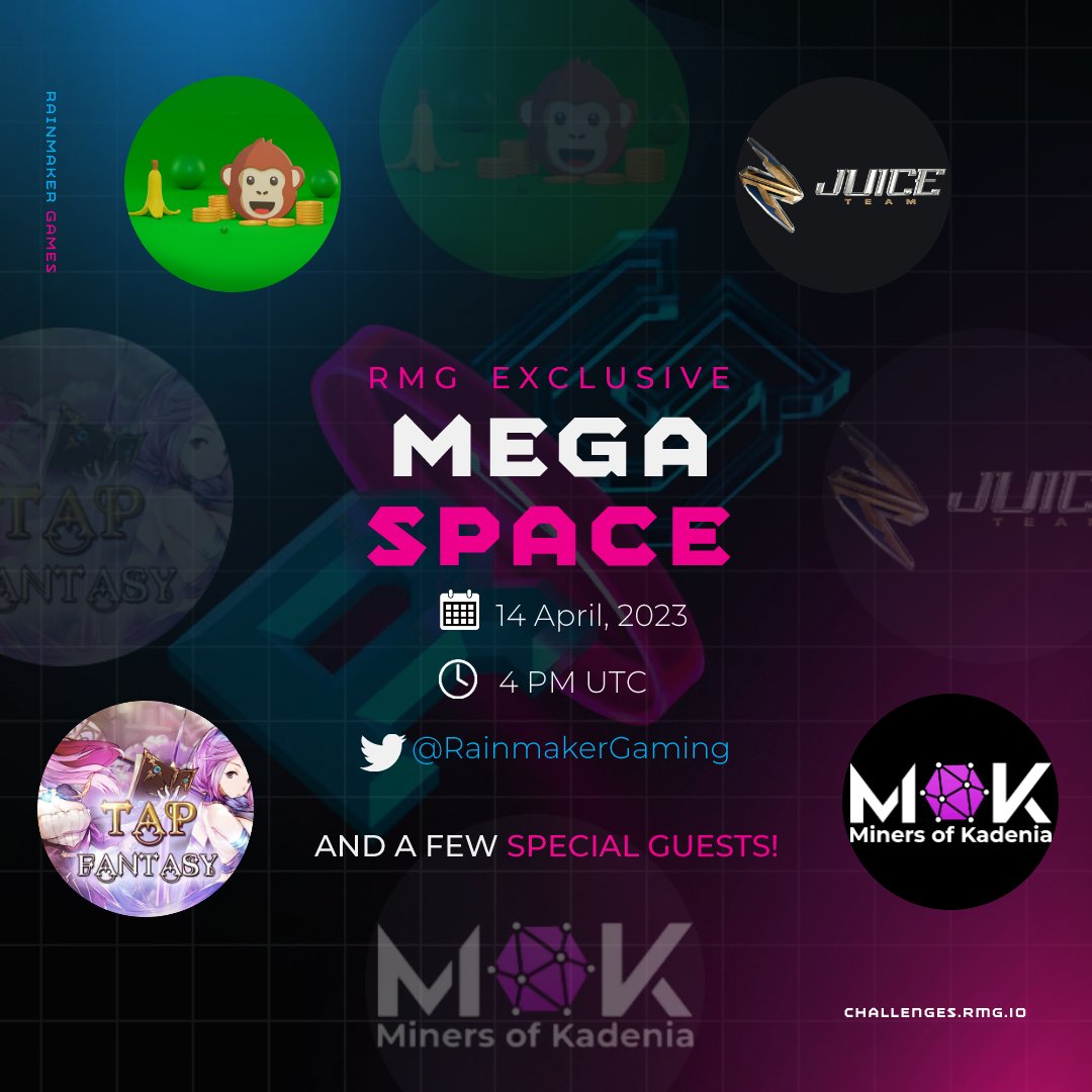 Weekly RMG Mega Space #5 

⏰ 14 April, 4 PM UTC

Speakers: 
- <a href="/ape_swap/">ApeSwap (old handle)</a> 
- @JuiceGamingTeam 
- <a href="/tapfantasy2021/">TapFantasy</a> 
- <a href="/MinersOfKadenia/">The Miners of Kadenia</a> 
- and more! 

🪙🖼️🏘️ Tokens, NFTs, and Community: How do you connect the dots in a project?  

x.com/i/spaces/1lPKq…

Join and be sure to claim