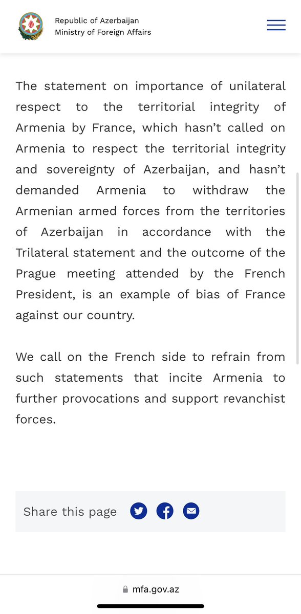 LAbdullayevaMFA's tweet photo. The statement of @francediplo_EN which hasn’t called on🇦🇲 to respect territorial integrity of #Azerbaijan &amp;hasn’t demanded #Armenia to withdraw forces from territories of🇦🇿 in accordance w/Trilateral statement &amp; the outcome of the Prague meeting is an example of bias of #France. https://t.co/QenLzWb9cL