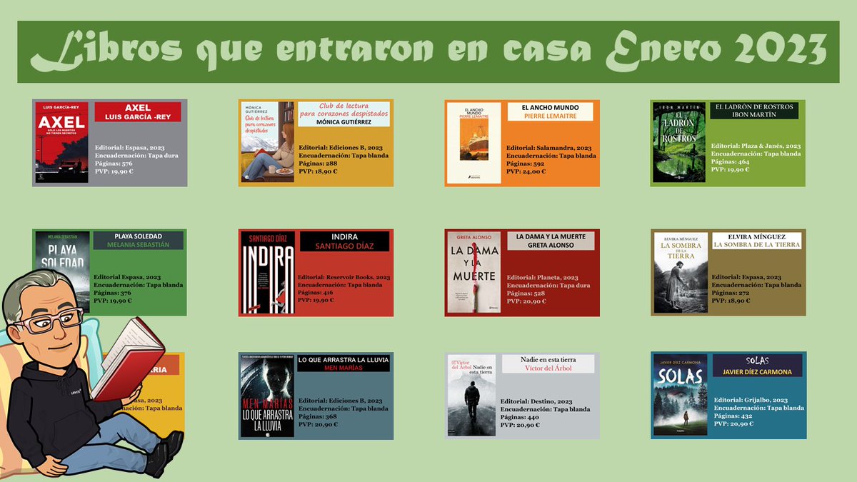 🎥 Breves comentarios a los libros 📚 que entraron en casa en enero del 2023: youtu.be/E6yGHasCnvE @luisgarcia4 @MnicaSerendipia @claudiapineiro @sdiazcortes @elviraminguezpe @MenMarias @Victordelarbol @JaviDiezCarmona @sergiosarriarui @diasasaigonados