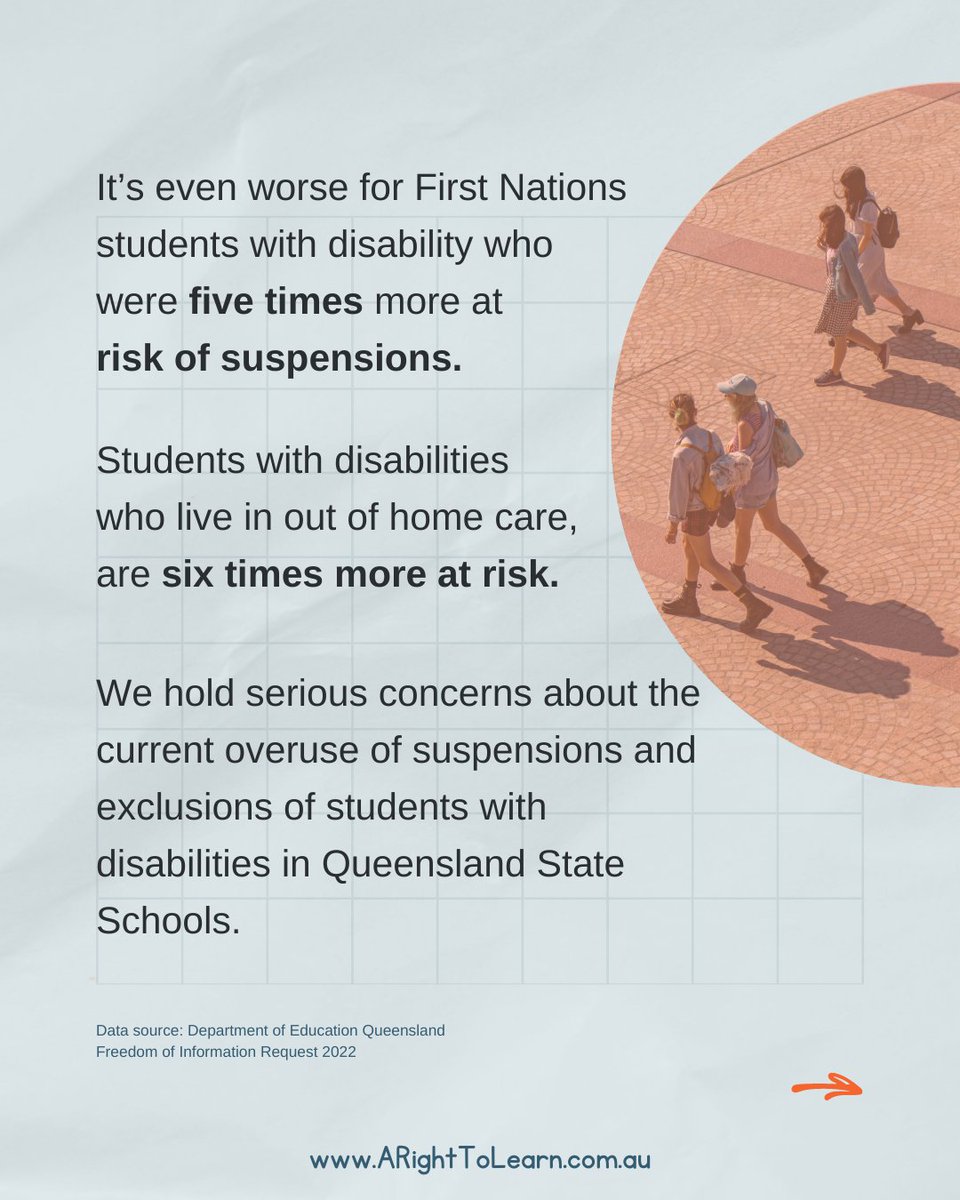 QldAdvocacy's tweet photo. Did you know that students with disability receive 46% of suspensions, despite being 17% of the Qld school population? 

Join our campaign, #ARightToLearn &amp; pledge your support to keep disabled kids in school. https://t.co/rNhcEGmESq #QldPol https://t.co/wltHNKP4cP