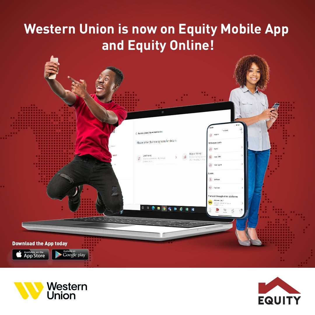 Introducing Western Union on Equity Mobile App and Equity Online!​ You can  now send and receive money globally through Western Union straight from  your mobile device.​ #MoneyCloserToYou