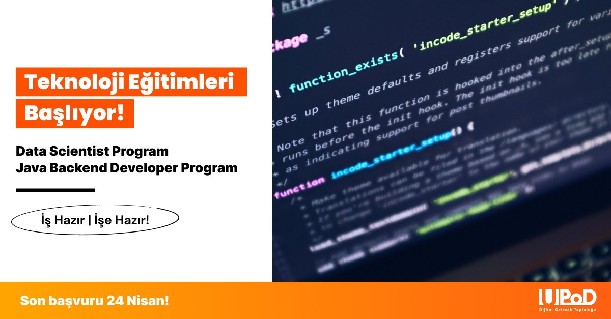 UPoD ile Teknoloji Eğitimleri Başlıyor!  İlk Data Scientist Programı ve Java Backend Developer Programı PoD’ları açılıyor! Son başvuru 24 Nisan!
Başvuru için:  upod.dev
#UPoD #Developer #BackendDeveloper #DataScience #veribilimi #DataScientist #Career #Kariyer