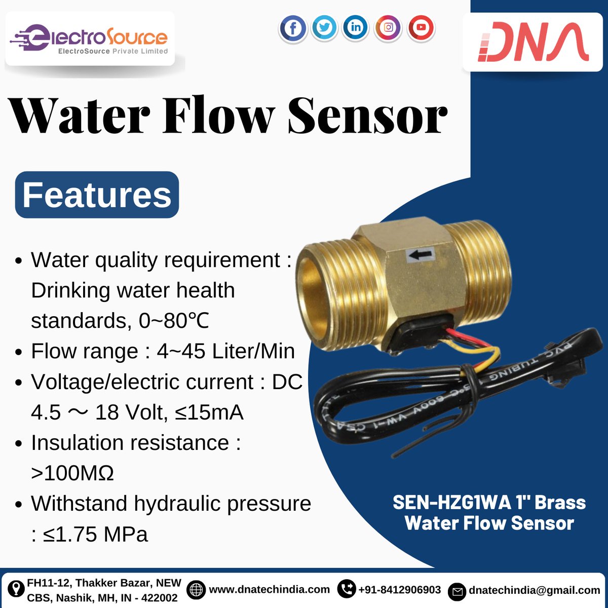 dnatechindia's tweet image. Water Flow Sensor
SEN-HZG1WA 1" Brass Water Flow Sensor
#waterflowsensor #flowsensor #brasswatersensor #waterquality #drinkingwater #health #flowrange #voltage #electriccurrent #insulation #resistance #withstand #hydraulic #pressure #electronics #electroniccomponents
