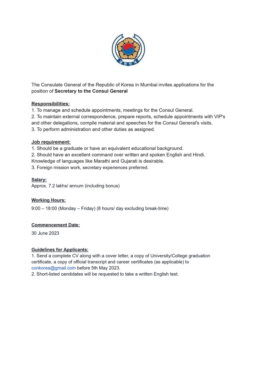 KoreaConsulate's tweet photo. Calling interested candidates to apply for the position of Secretary to the Consul General of the Republic of Korea in Mumbai. 
Email your applications to conkorea@gmail.com
Last date for applications is 5th May 2023. https://t.co/fCQZNWdgmG