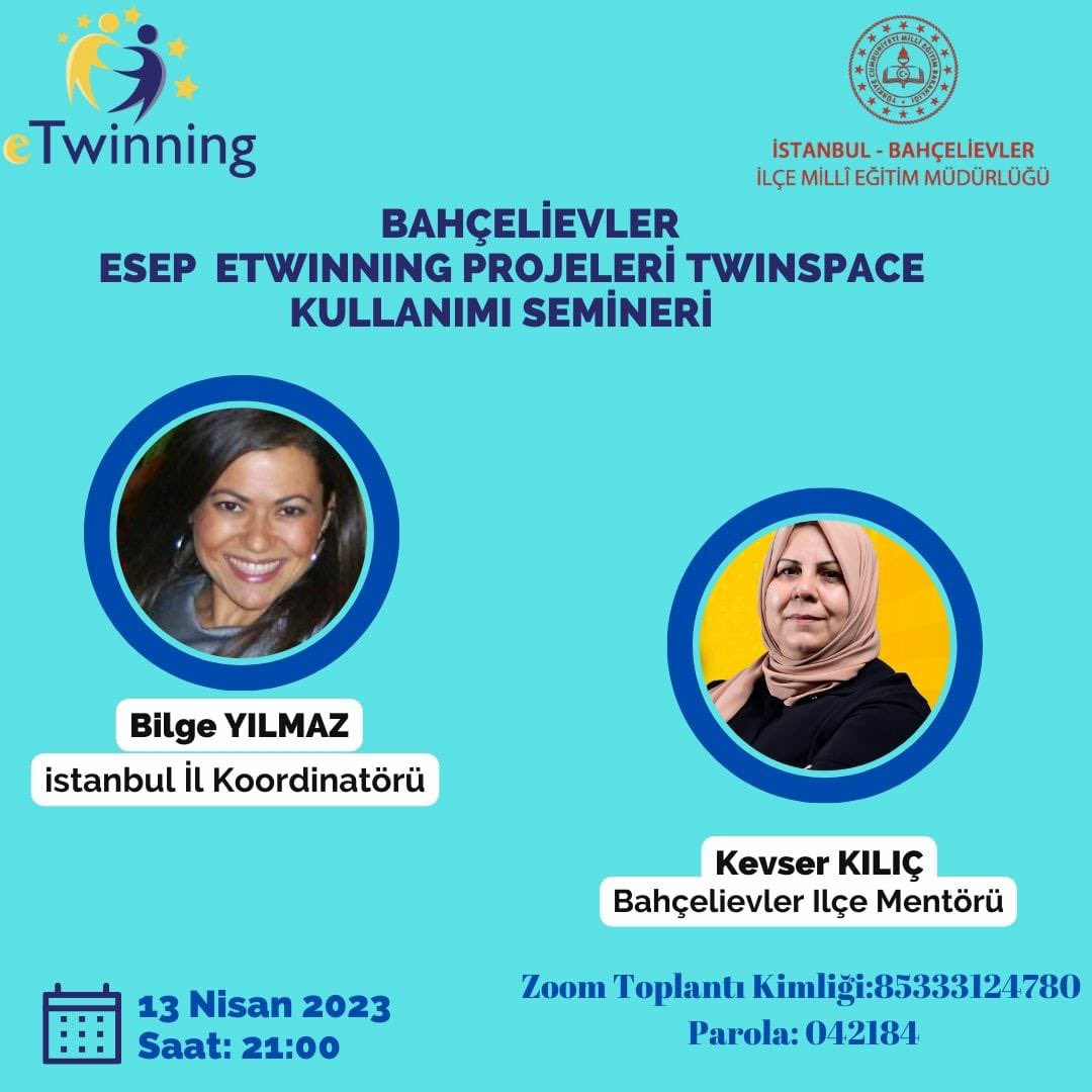 Bahçelievler İlçe Milli Eğitim Müdürlüğü ESEP eTwinning Eğitimleri devam ediyor.

📣: Twinspace Kullanımı
📆: 13.04.2023 Perşembe/ Bugün
⏰:  21.00

🔗:  meb.ai/l71Wk2

<a href="/tcmeb/">Millî Eğitim Bakanlığı</a> <a href="/mebyegitek/">Yenilik ve Eğitim Teknolojileri Genel Müdürlüğü</a> <a href="/istanbulilmem/">İstanbul İl Millî Eğitim Müdürlüğü</a> <a href="/memleventyazici/">Levent Yazıcı</a> <a href="/ist_arge/">İSTANBUL MEM AR-GE</a> <a href="/ErsahinMustafa/">Mustafa Erşahin</a> <a href="/BahcelievlerMEM/">Bahçelievler İlçe Millî Eğitim Müdürlüğü</a>