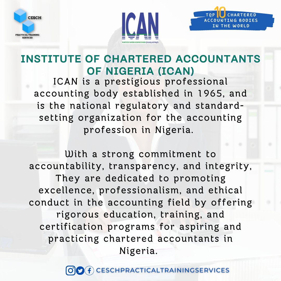 CESCHPTServices's tweet photo. Top 10 Chartered Accounting Bodies in The World.

No.7: ICAN

The Institute of Chartered Accountants of Nigeria as the most recognized in the country, plays a pivotal role in shaping the accounting landscape and promoting economic growth and financial stability in Nigeria.

#ICAN https://t.co/cS71hAyOhC