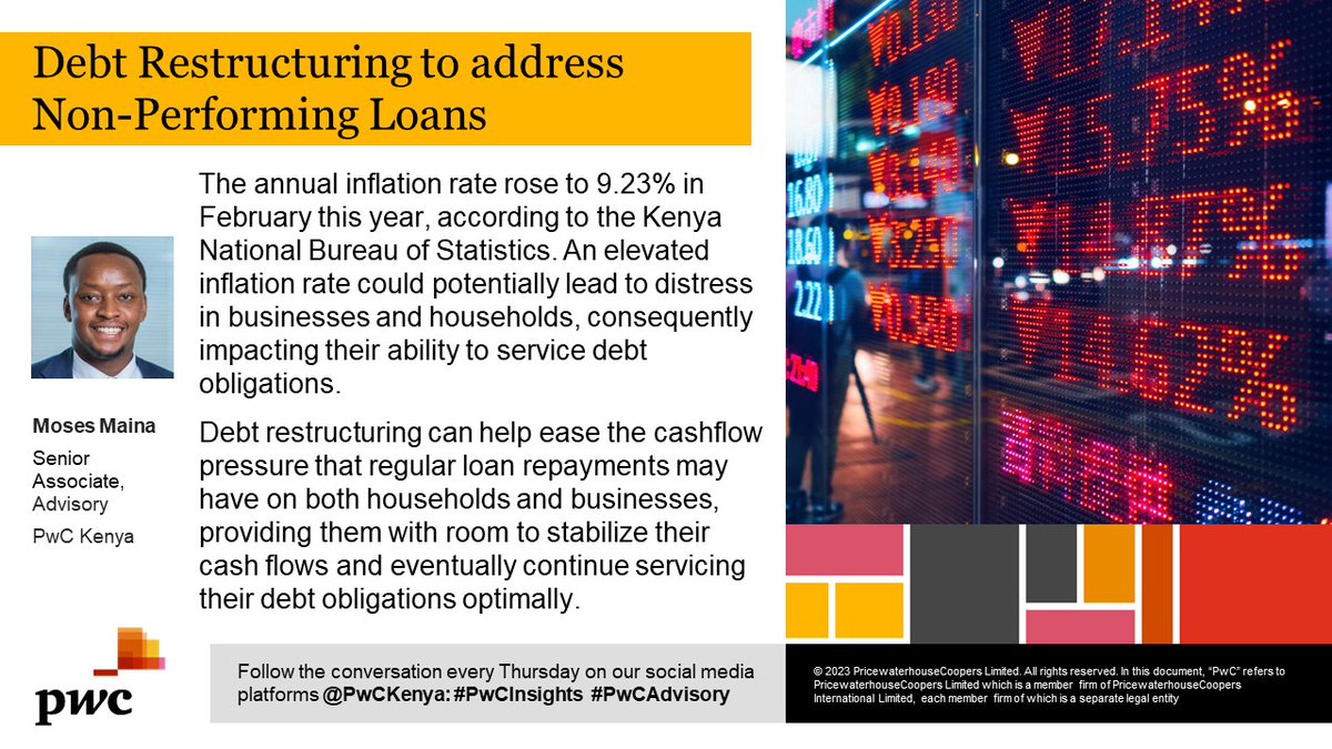 PwC_KE's tweet photo. Moses Maina, a Senior Associate in the Advisory team at PwC Kenya, discusses how debt restructuring can address the issue of Non-Performing Loans. #PwCInsights  #PwCAdvisory https://t.co/BmVTEtZx3R