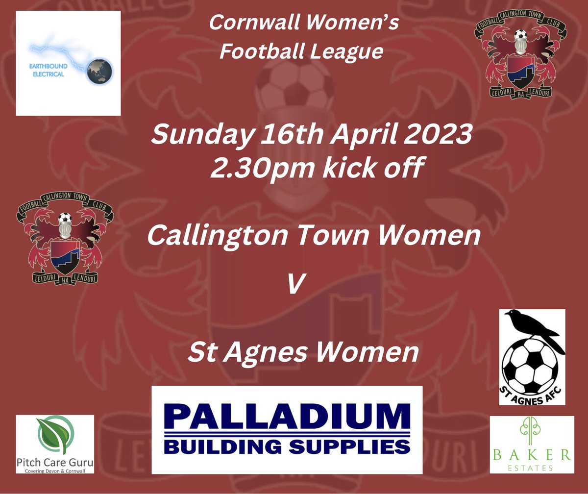 This Sunday, our <a href="/CallyTownFC/">Callington Town FC</a> women host <a href="/stagnesladiesfc/">St Agnes AFC Ladies</a> in the <a href="/TheCWFL/">CWFL</a> with a 2.30pm kick off at <a href="/therealginsters/">Ginsters</a> Marsh <a href="/swsportsnews/">South West Sports News</a> <a href="/PLsportsnews/">PlymouthSportsNews</a> <a href="/sportscornwall/">Cornwall Sports Media</a> <a href="/KJMsport57/">Kevin Marriott</a> <a href="/NigelWalrond/">Nigel Walrond</a>