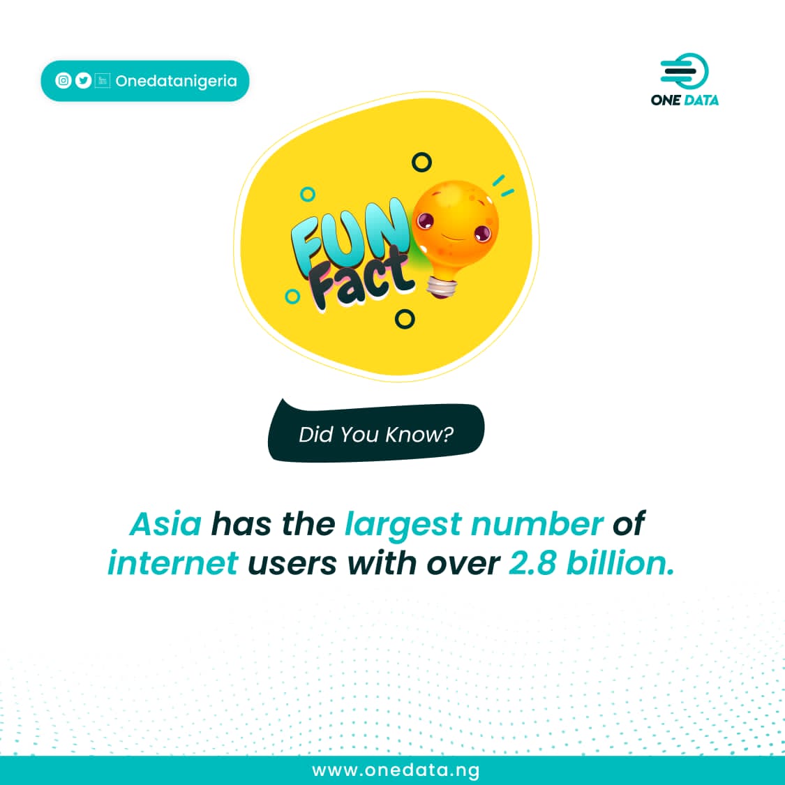 RT @UgochuckwuP: RT @onedatanigeria: Fun fact
Asia has the largest number of internet users with over 2.8 billion.

#onedata #onedatanigeria 
#lte #cctv #wisp #connectivity #technicianlife #security #fiber #cloud #telecoms #cybersecurity #smartcity #inte…