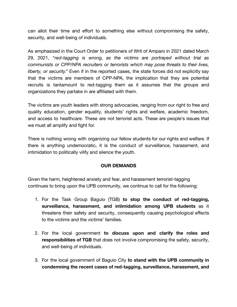 upriseupb's tweet photo. #DefendUPB: POSITION PAPER ON RED-TAGGING, SURVEILLANCE, HARASSMENT, AND INTIMIDATION AGAINST UP BAGUIO STUDENTS
Yesterday, April 12, the victims submitted a position paper (see images attached to this post), through the UPB USC and the UPRISE - UPB to the Baguio City LGU. https://t.co/vF7E6vT4z8