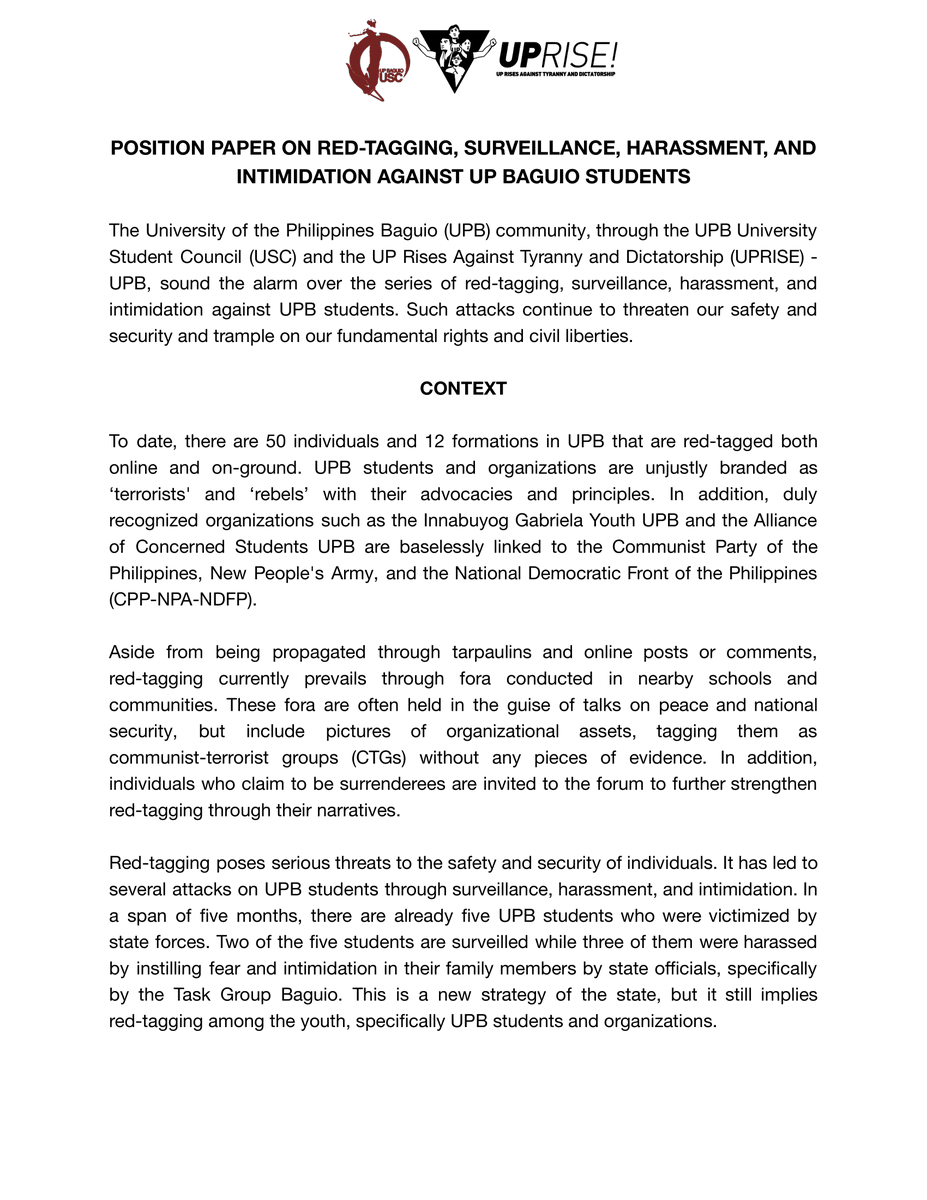 upriseupb's tweet photo. #DefendUPB: POSITION PAPER ON RED-TAGGING, SURVEILLANCE, HARASSMENT, AND INTIMIDATION AGAINST UP BAGUIO STUDENTS
Yesterday, April 12, the victims submitted a position paper (see images attached to this post), through the UPB USC and the UPRISE - UPB to the Baguio City LGU. https://t.co/vF7E6vT4z8