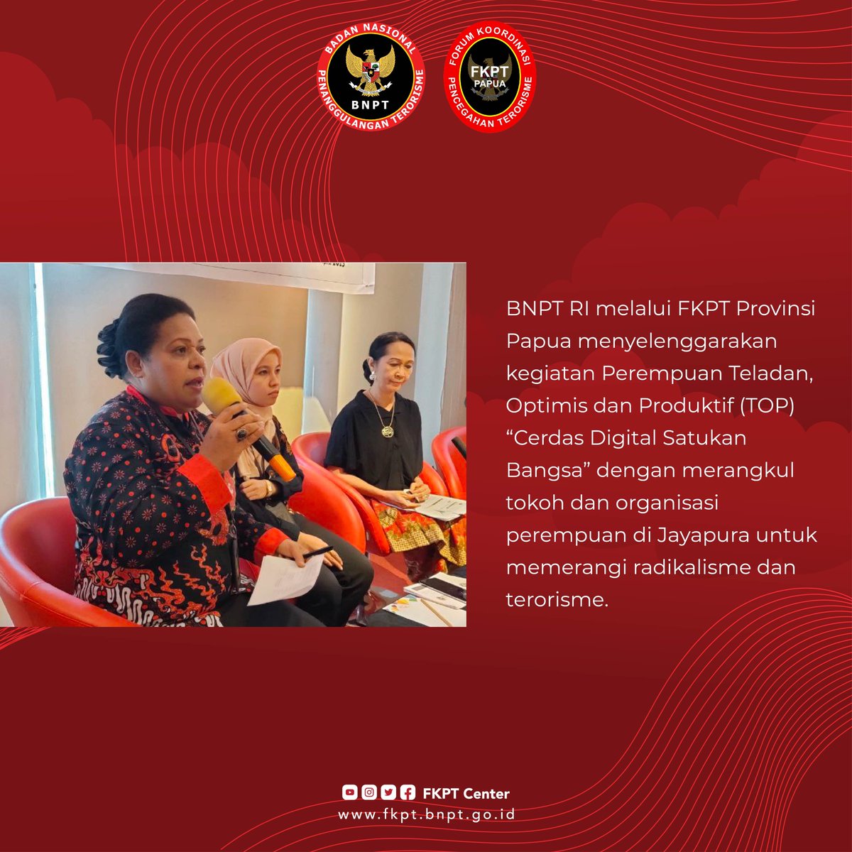 fkptcenter's tweet photo. Kegiatan Perempuan Teledan, Optimis dan Produktif (TOP) "Cerdas Digital, Satukan Bangsa" melalui Forum Koordinasi Pencegahan Terorisme (FKPT) Papua di Jayapura. Front One Hotel Jayapura, 12 April 2023 https://t.co/yhSw4dnJYV