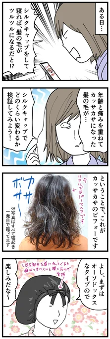 カサカサパーマヘアの私がシルク製品を色々試してみた検証漫画。
帯状疱疹になった時は、髪が発疹にあたってチクチクしたのでシルクキャップで寝てました。思わぬところで役に立った。
普段はシルク枕カバー使ってます。
↓続く 