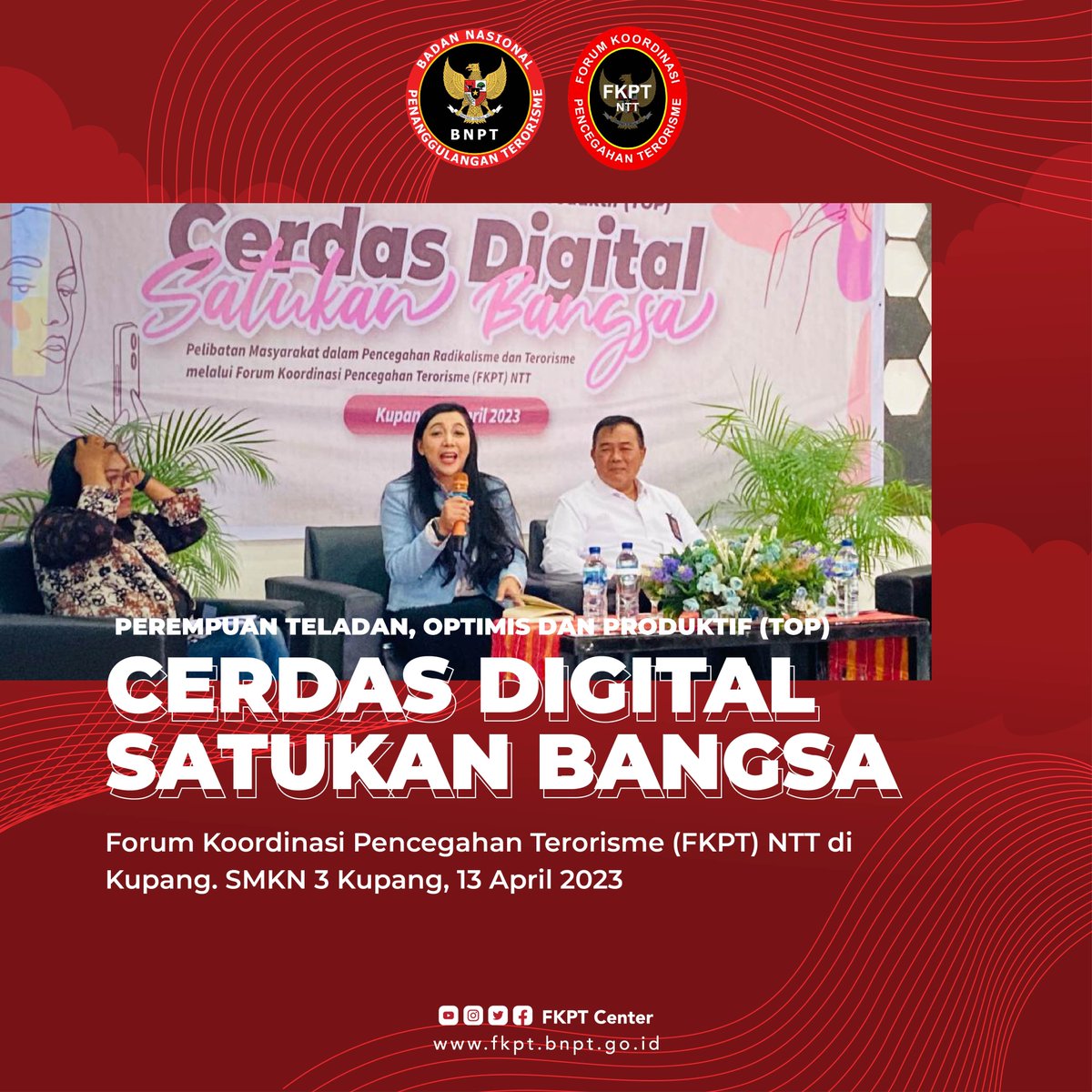 fkptcenter's tweet photo. Kegiatan Perempuan Teledan, Optimis dan Produktif (TOP) "Cerdas Digital, Satukan Bangsa" melalui Forum Koordinasi Pencegahan Terorisme (FKPT) NTT di Kupang. SMKN 3 Kupang, 13 April 2023 https://t.co/c0mqFZH5tK