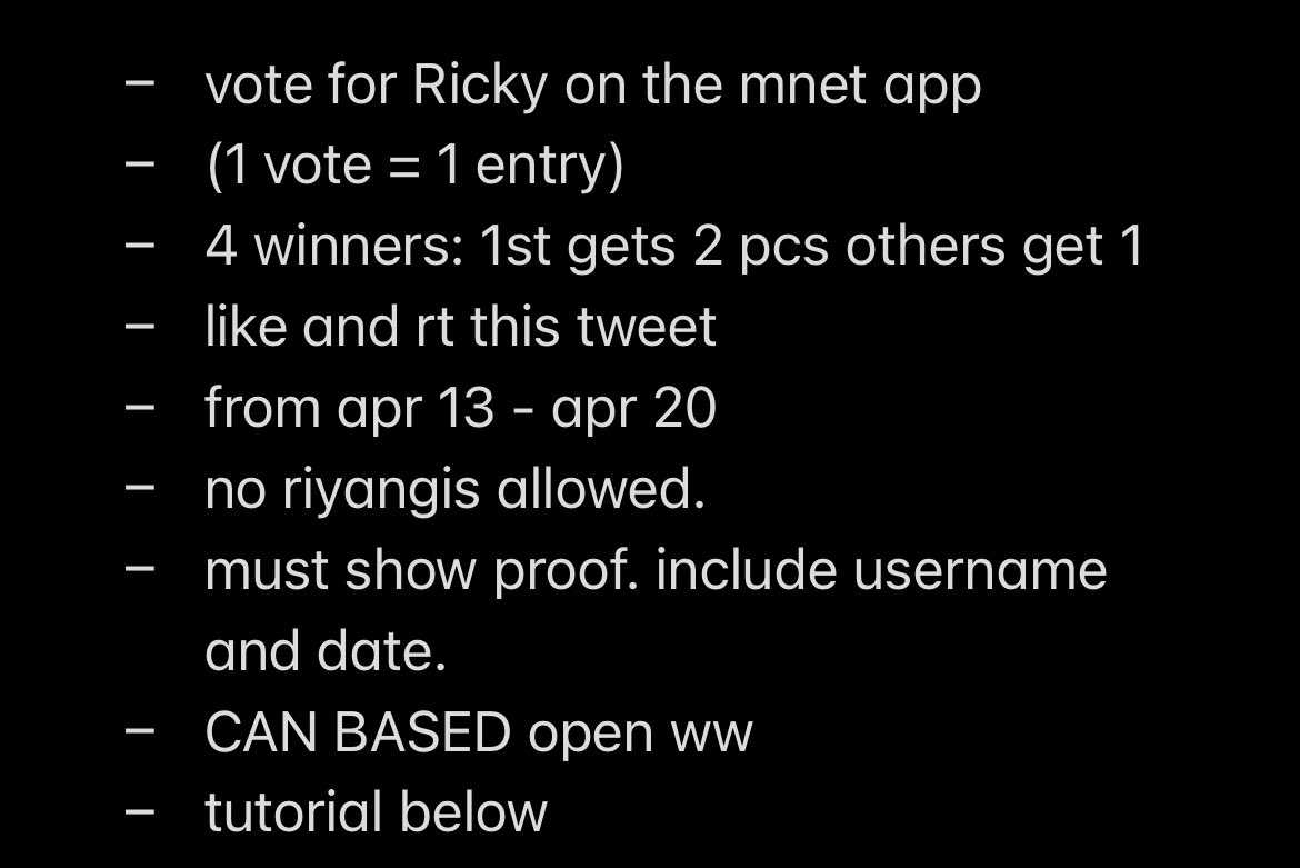 gyuriboz's tweet photo. ricky boys planet pc giveaway!!  

rules:
- vote for ricky on the mnet app
- (1 vote = 1 entry)
- 4 winners: 1st gets 2 pcs others get 1
- like and rt this tweet 
- apr 13 - apr 20 
- no riyangis allowed. 

More rules and info: https://t.co/Gk1EaV3ZxW