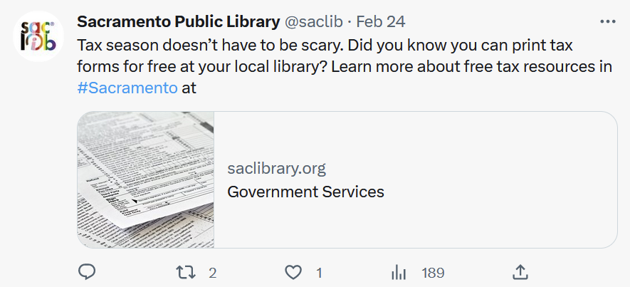 EmilySue246's tweet photo. Libraries can use social media to draw in new patrons by advertising services that have a wide applicability to the population-taxes are scary to a lot of people, and a post like this appeals to a wide need. #INFO246w410 https://t.co/yuWLWhZife