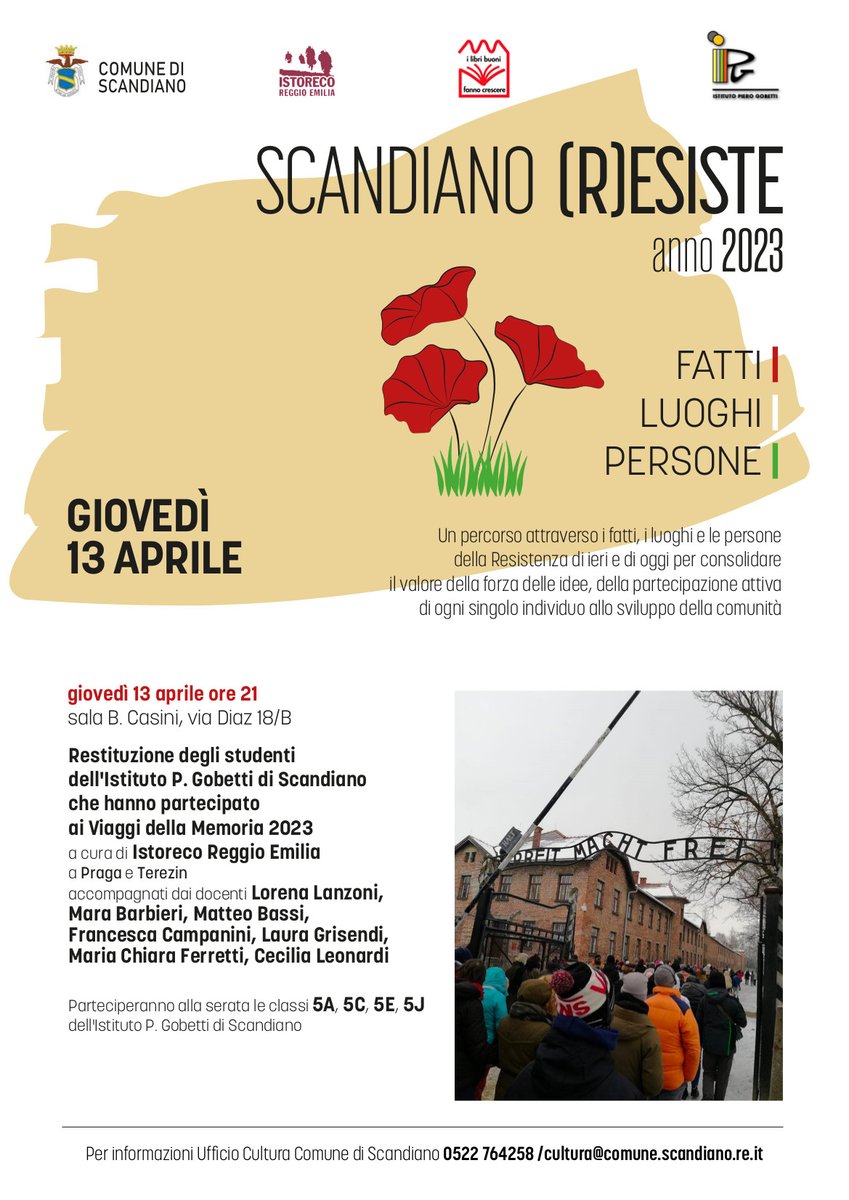 Istoreco's tweet photo. Questa sera a Scandiano, alle 21 alla sala B. Casini in via Diaz 18/B, è in programma un momento pubblico di restituzione degli studenti dell'Istituto P. Gobetti di Scandiano che hanno partecipato al nostro Viaggio della Memoria 2023 a Praga e Terezin. https://t.co/lbV9ZrZMOY