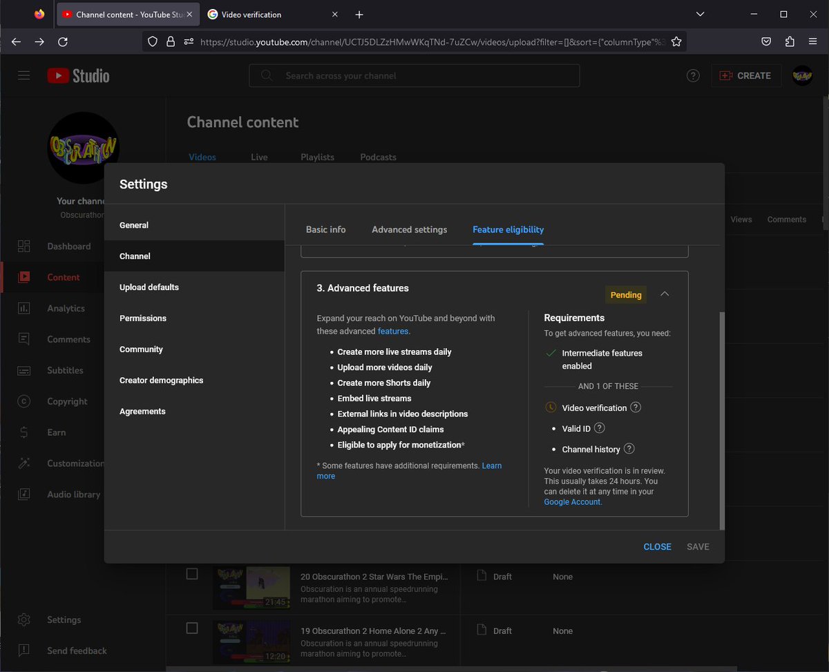 LRFLEW's tweet photo. @TeamYouTube Sure. Below are screenshots of both the feature eligibility page of my brand channel showing the status as pending, and my google account page (following the link for "You can delete it at any time in your Google Account") showing the status as verified. https://t.co/wT5Lu1KDp2