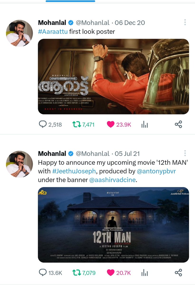 am_Chekuthan_'s tweet photo. Top 5 Most Retweeted FIRST LOOK Posters in Mwood ( Lifetime )

#BheeshmaParvamFL : 13K+ 🔝
#AarattuFirstLook : 7.4K+
#12thmanFirstLook:7K+            
#KOKFirstLook      : 6.1K+
#PuzhuFitstLook: 5.3k+

#Mohanlal  -2
#Mammootty -2
#DulquerSalmaan -1 https://t.co/vlci4DJl4v