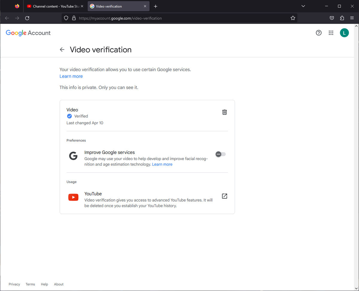 LRFLEW's tweet photo. @TeamYouTube Sure. Below are screenshots of both the feature eligibility page of my brand channel showing the status as pending, and my google account page (following the link for "You can delete it at any time in your Google Account") showing the status as verified. https://t.co/wT5Lu1KDp2
